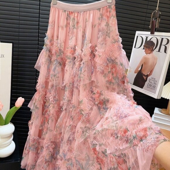Romantic Floral Print Layered Tulle Skirt - Picture 4 of 11